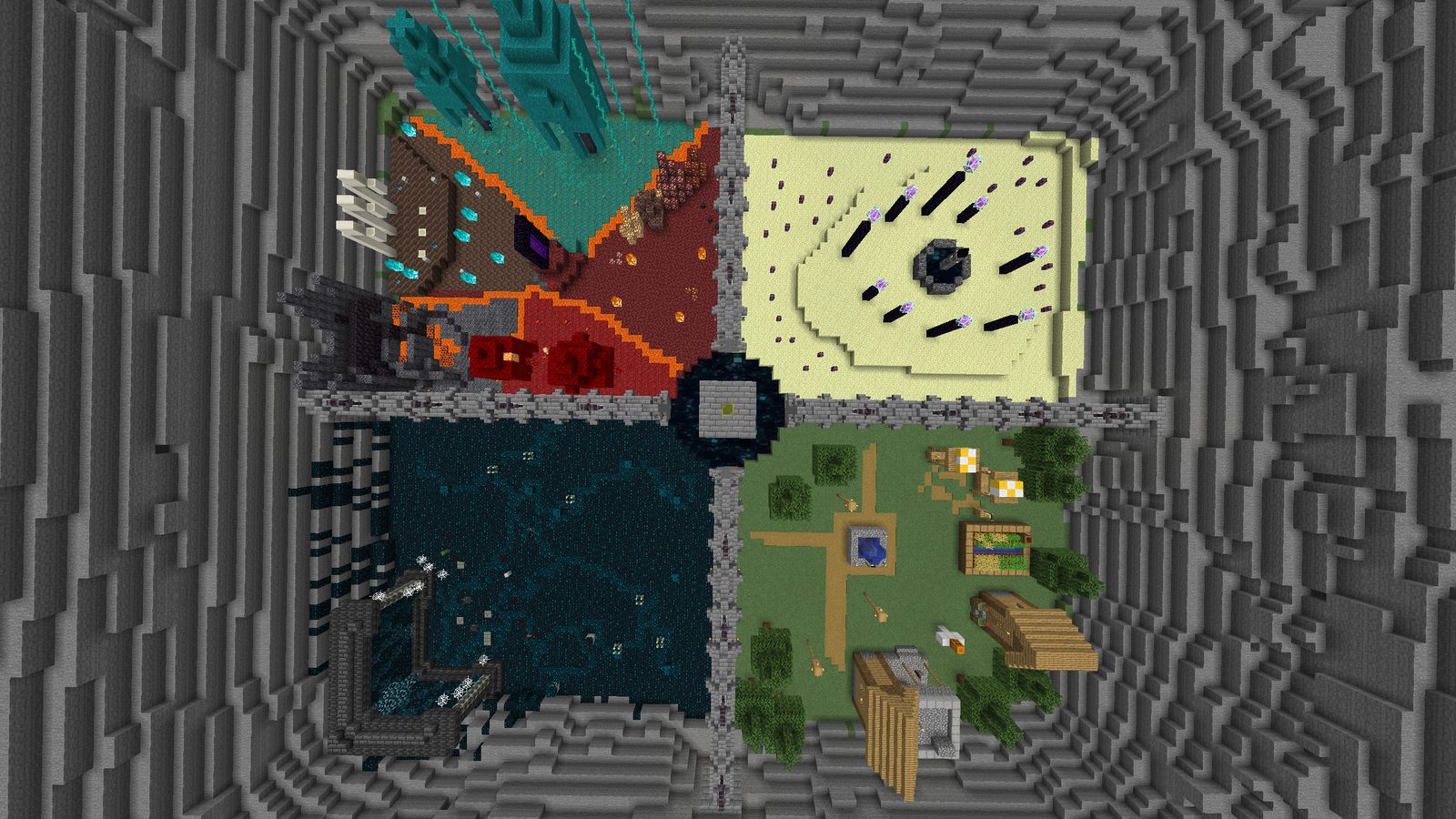 Survivalia from above: four themed areas, the Nether, the End, the Deep Dark and a village, separated by stone walls around a central platform